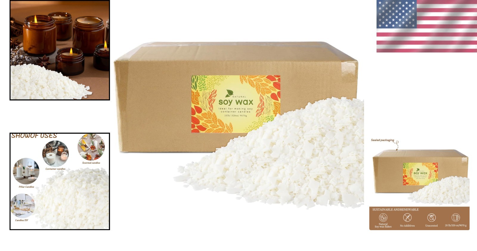 Bulk 20lb Natural Soy Wax for Candle Making - Easy Melt Unscented Flakes for ...