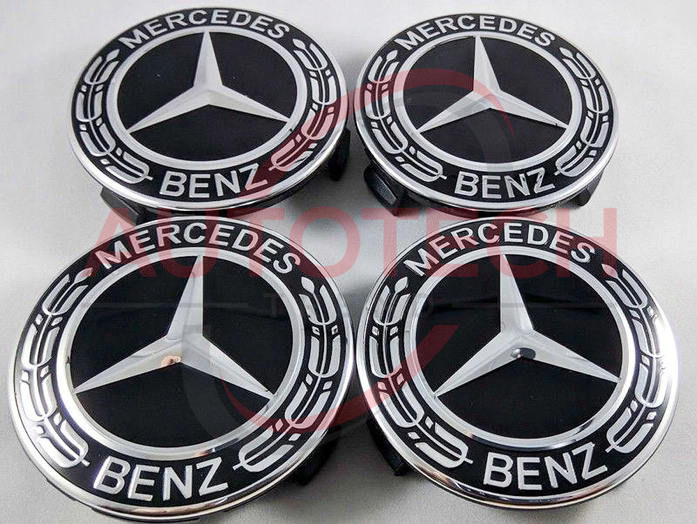 Set of 4 Center Caps Hubcaps for MercedesBenz AMG Black/Dark Blue/Silver Wreath