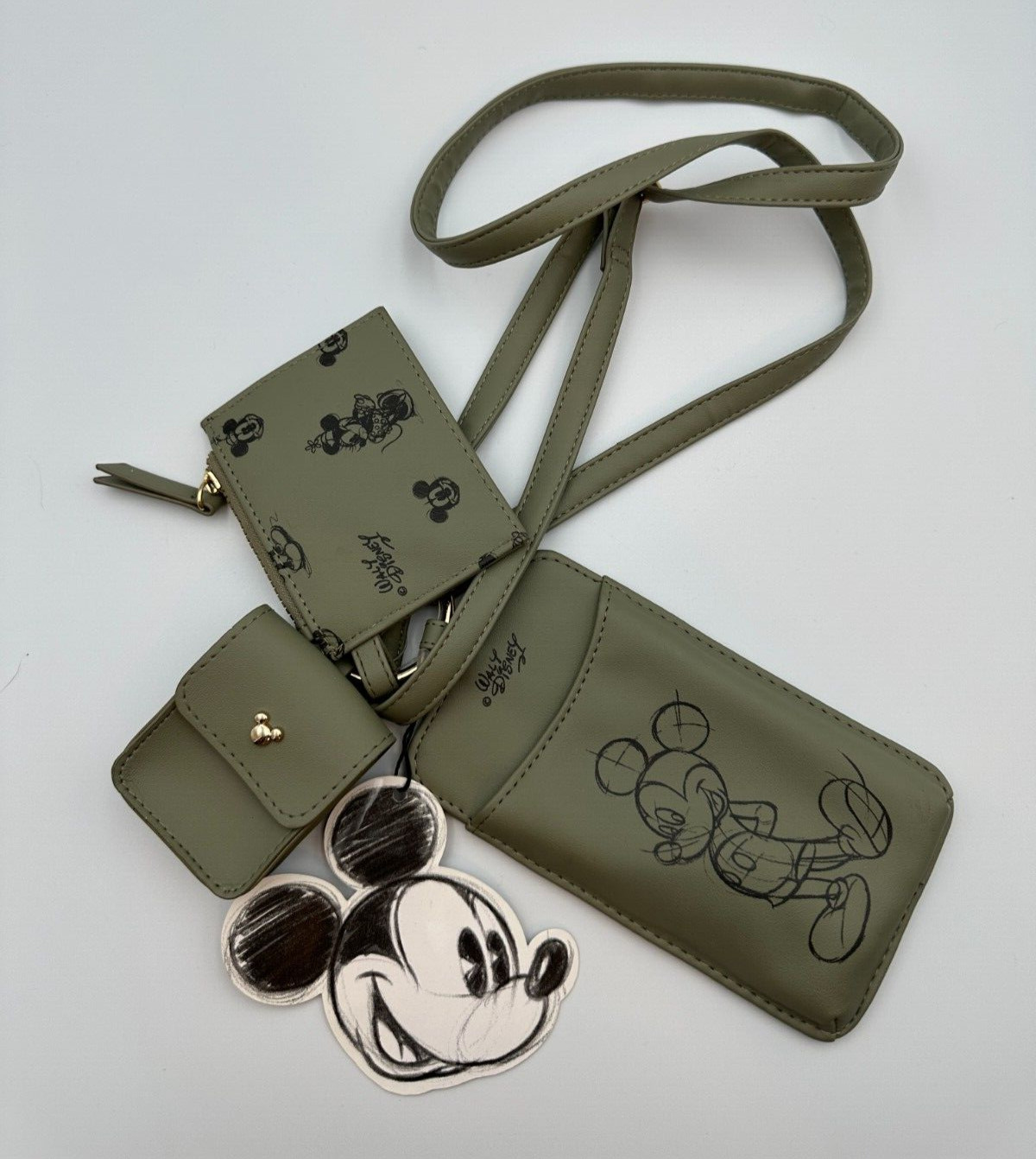 Primark Mickey Green Crossbody Bag Phone Holder Cardholder and Earbud Case NWT