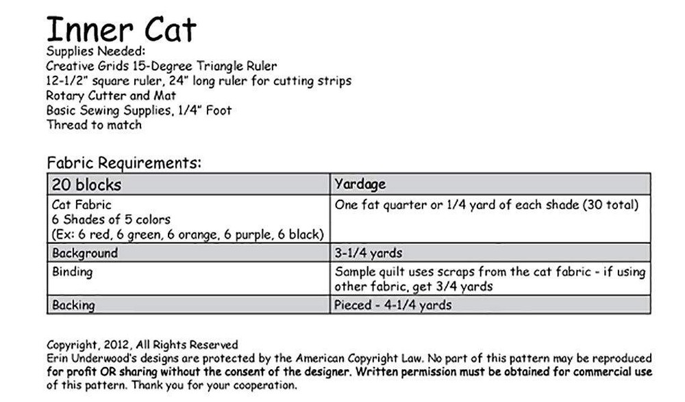 Erin Underwood Quilts Cat Pattern - Inner Cat - Pattern Only!