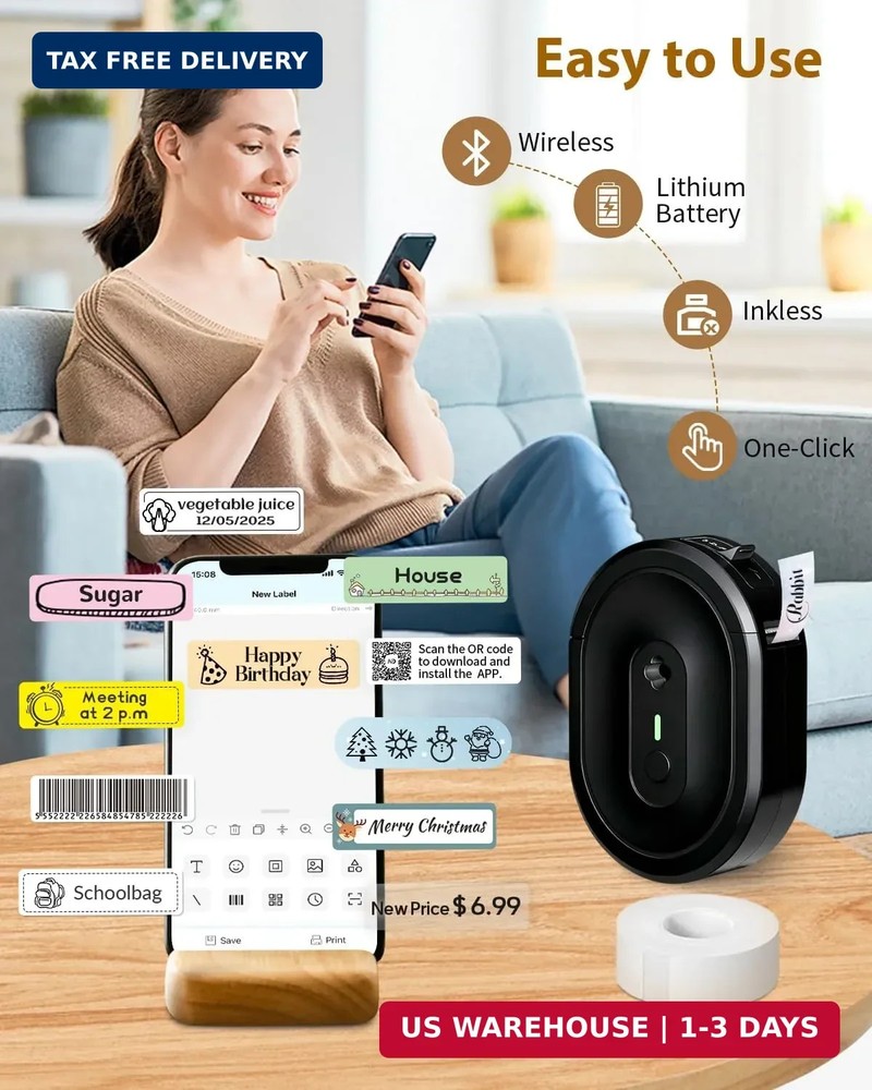 Label Maker Machine with Tape, N12 Portable Bluetooth Label Printer, Wireless Mi