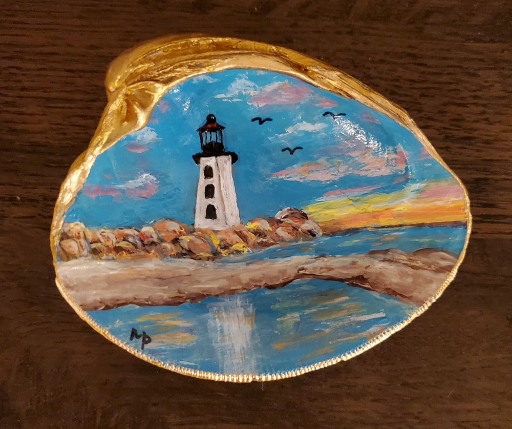 Hand painted Lighthouse and Ocean Shell Art Gold leaf trim