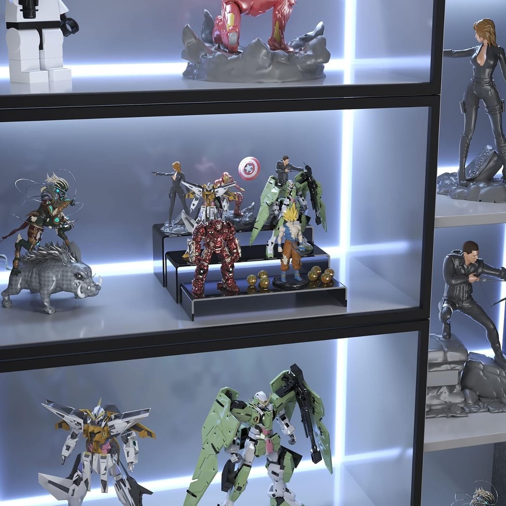 6Pcs Large Acrylic Display Risers for Collectibles, Black Rectangular Shelves