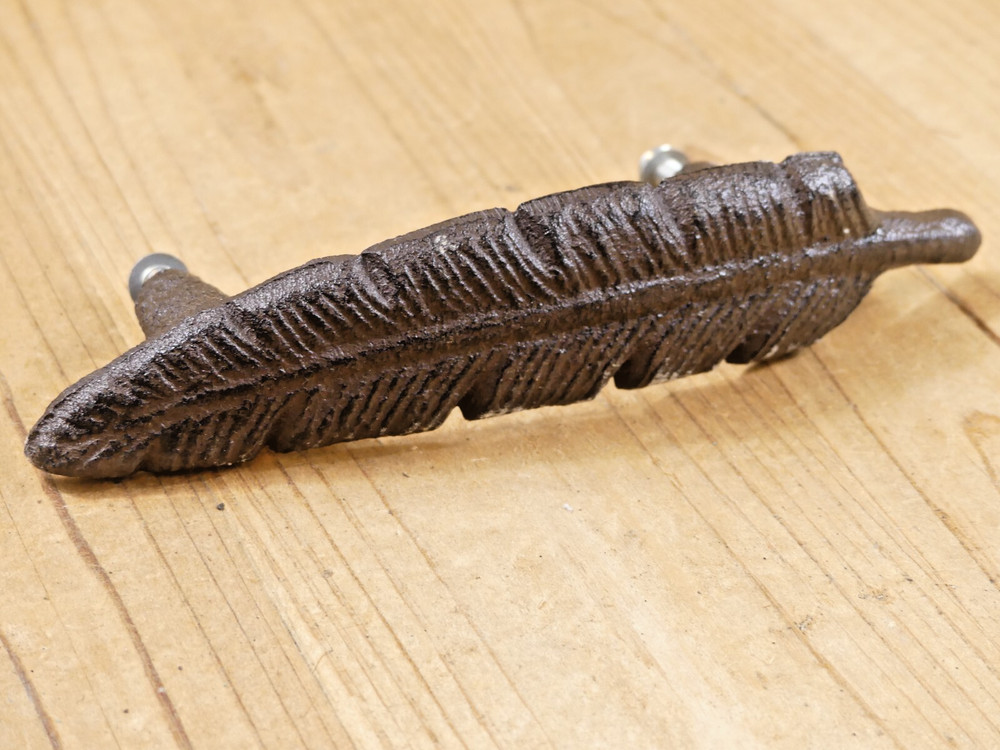 10 Drawer Pulls W/ Screws Handles Knobs Rustic Feather Cast Iron Dresser Kitchen