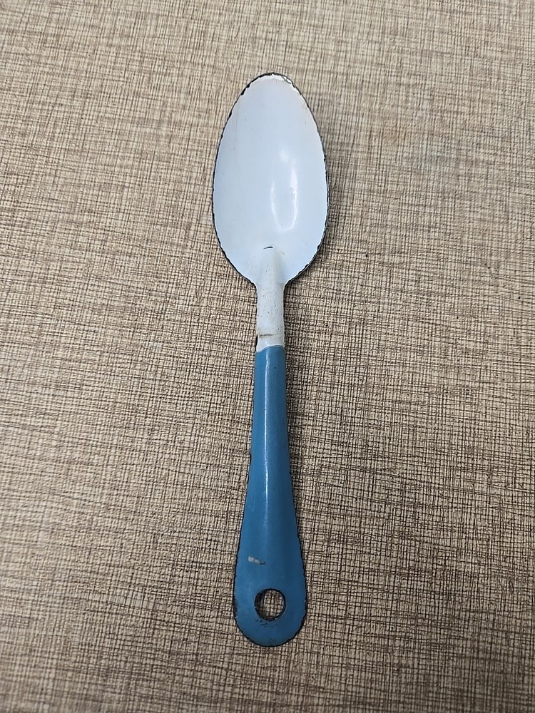 Vintage Enamel 8” & 6" Serving Spoons / Blue & White