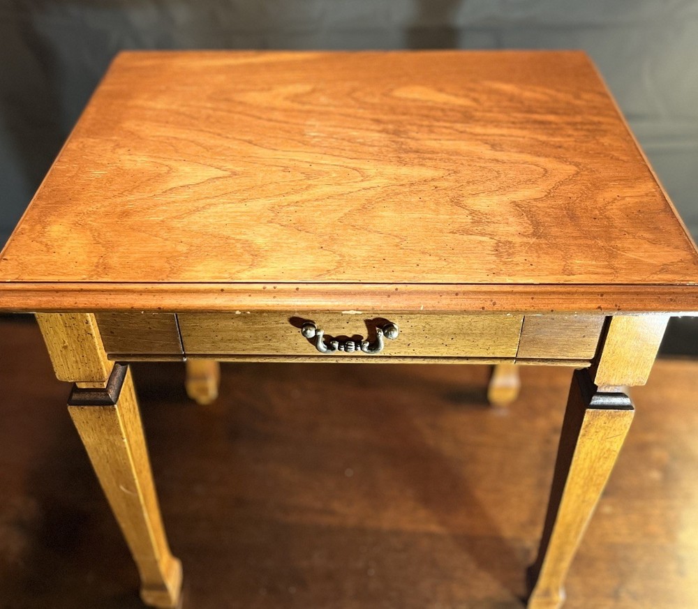 Vintage Solid Cherry Side Table w/ elt-Lined Drawer | Colonial Revival c.1935–45