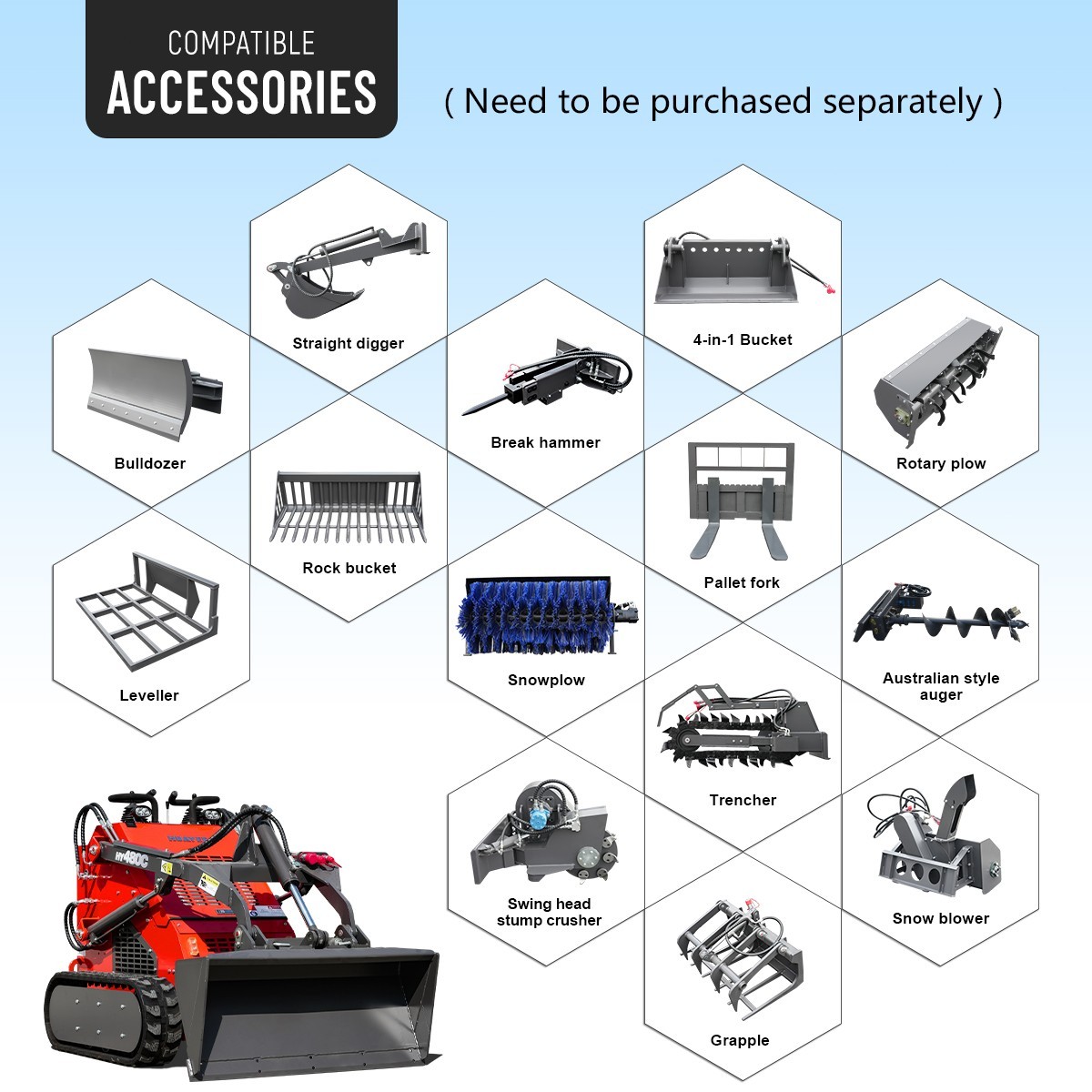 HY480C FREE SHIP/unloading Mini Skid Steer Loader 23HP +Grapple+Stump Crusher