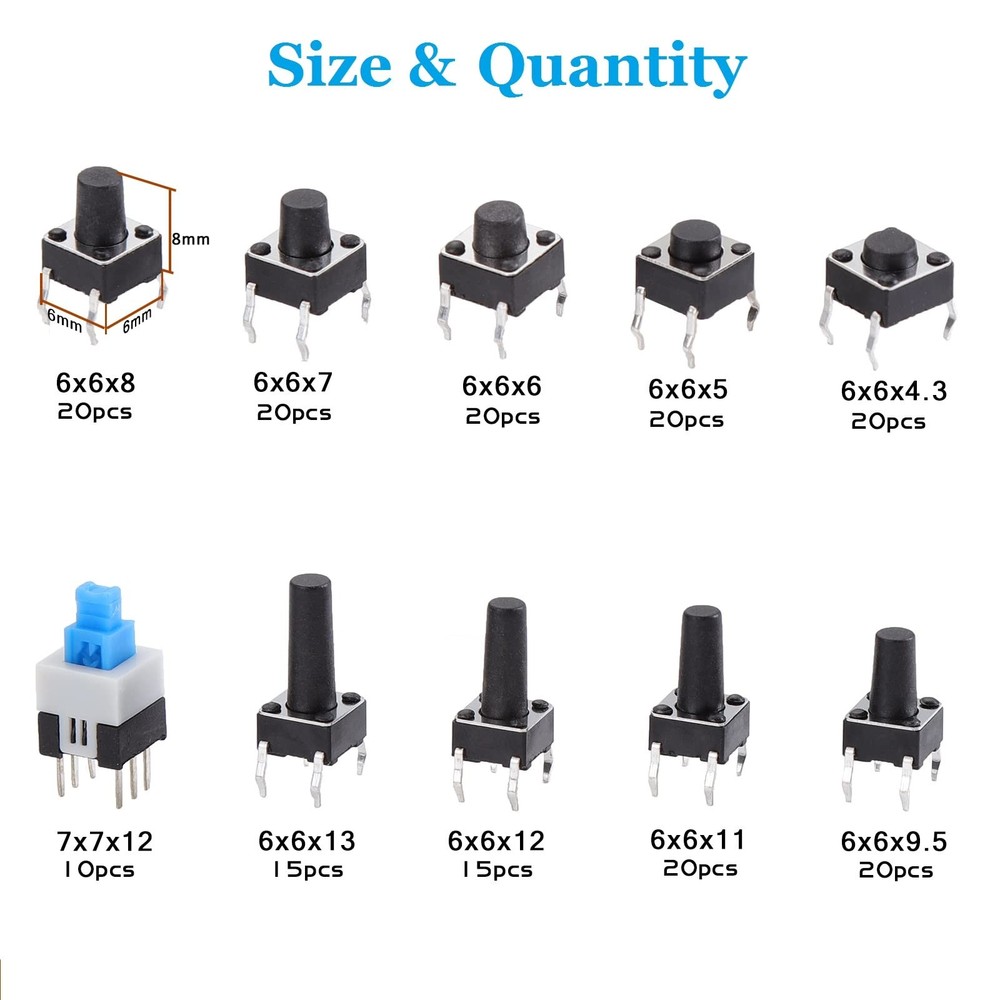 180Pcs Tactile Push Button Switch Assortment Kit, 10 Values 6x6mm 4-Pin Micro...
