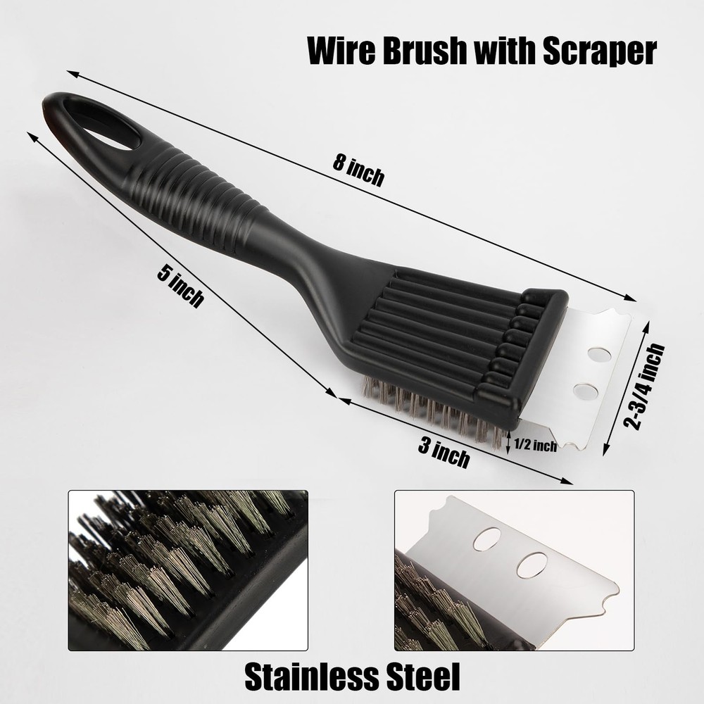 Wire Brush with Scraper for Paint Removal Rust 8 inch (2-Pack), Black