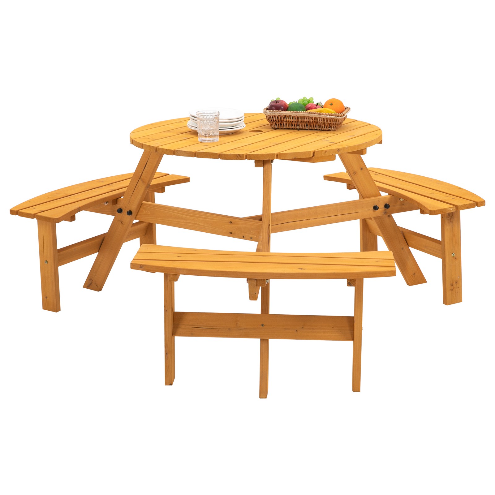 6-Person Circular Outdoor Wooden Picnic Table with 3 Built-in Benches for Patio