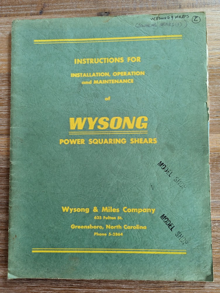Wysong & Miles Power Squaring Shears Manual
