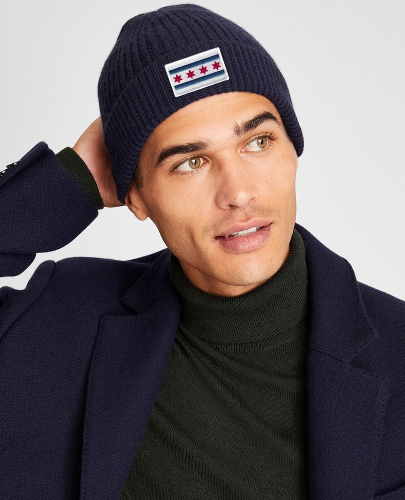 Chicago Flag Patch Cuffed Ribbed Beanie Hat Navy