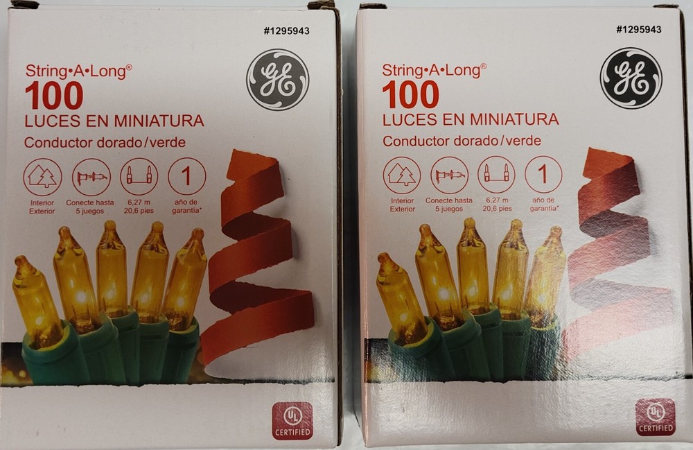 2 BOXES GE 100-CT STRING-A-LONG GOLD STRING LIGHTS - GREEN WIRE HOLIDAY MINI