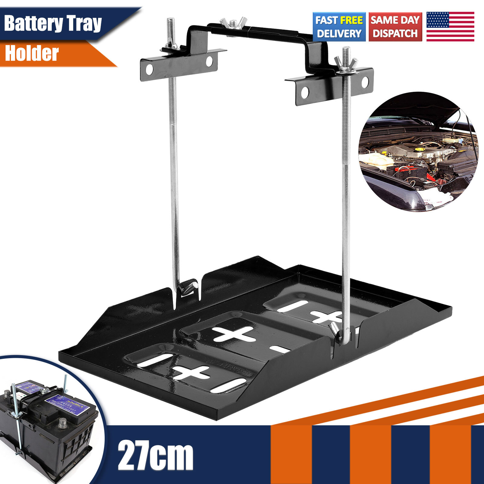 Universal Storage Battery Holder Adjustable Tray + Hold Down Clamp Bracket