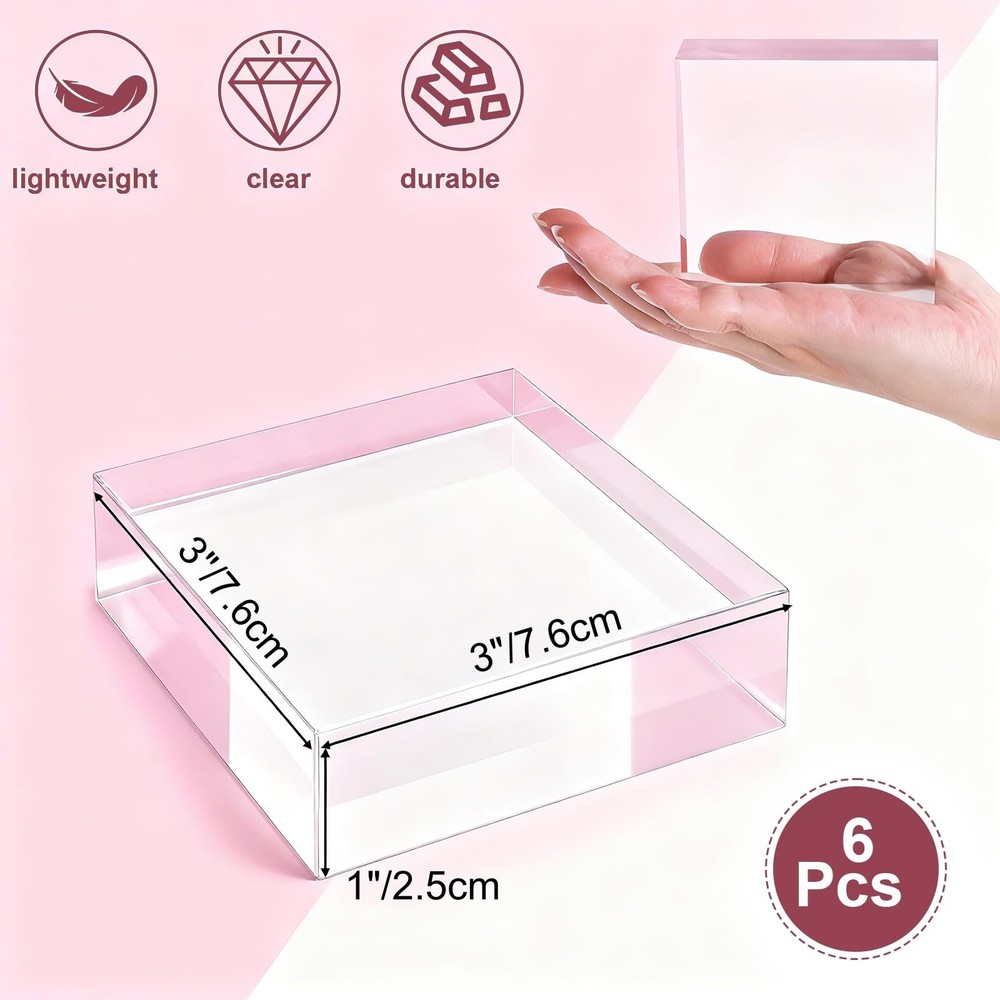 Acrylic Display Blocks - 6 Clear Cube Risers for Jewelry, Perfume, Props