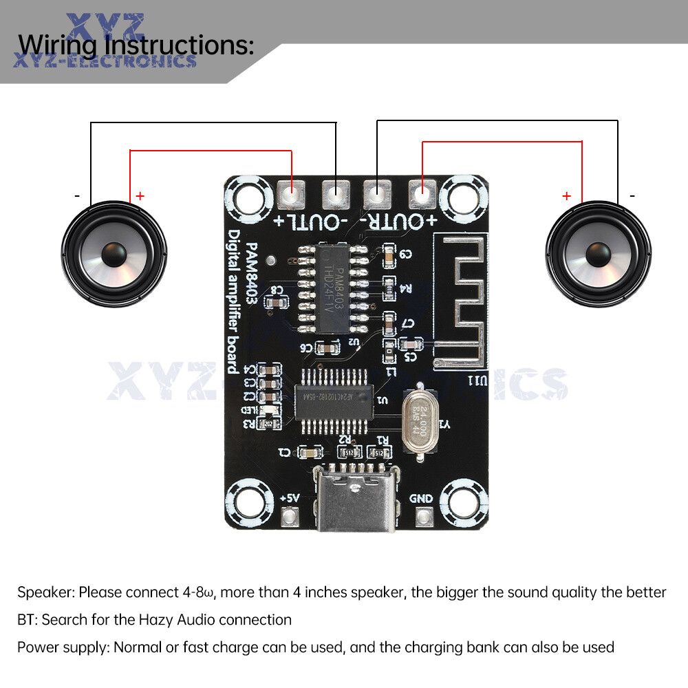Type-C Mini PAM8403 Bluetooth Digital Power Amplifier Board 5W+5W For Class D
