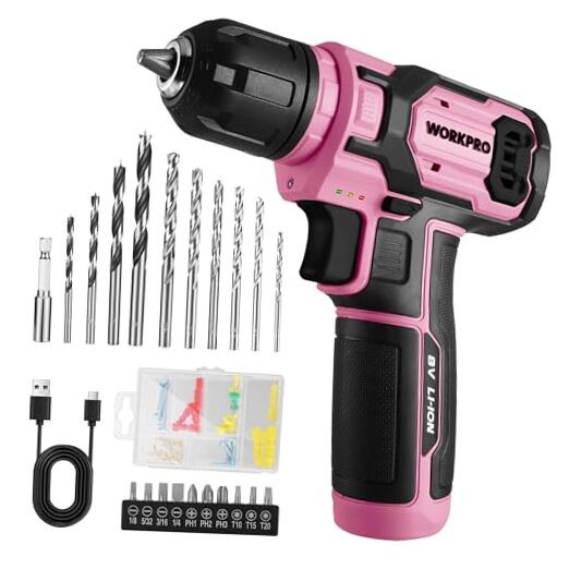 Cordless Drill Set, 8V Impact Drill Driver with 53pcs Bit Set, 53PCS Pink