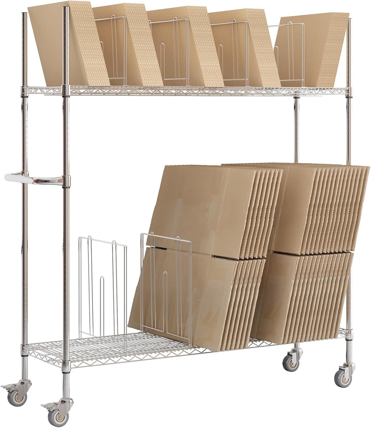 Wire Carton Cart, 2-Tier Stand with Wheels for Cardboard Box Storage & Move