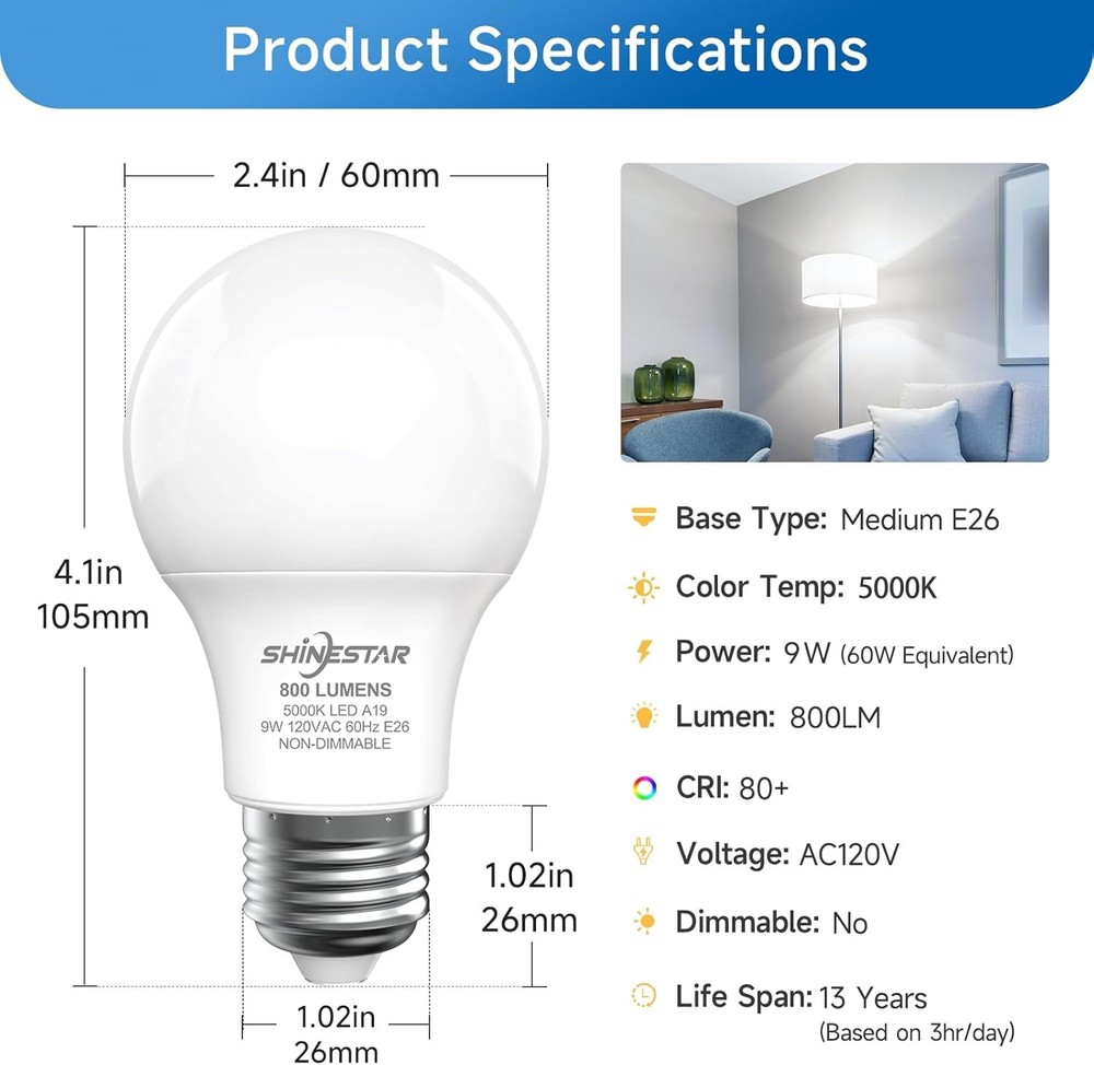 6-Pack A19 LED Light Bulbs 60W Equivalent 5000K Daylight E26 Non-Dimmable US