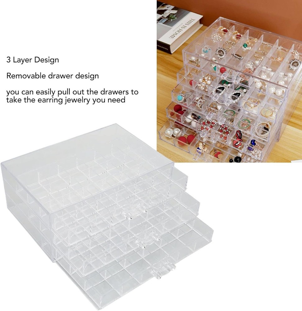 3-Layer Acrylic Jewelry Organizer Box - 72 Grids Clear Stackable White