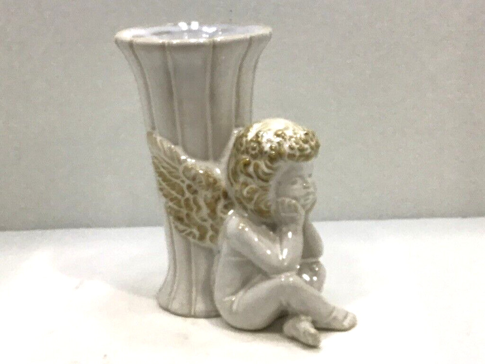 Sitting Winged Cherub White Ceramic Vase
