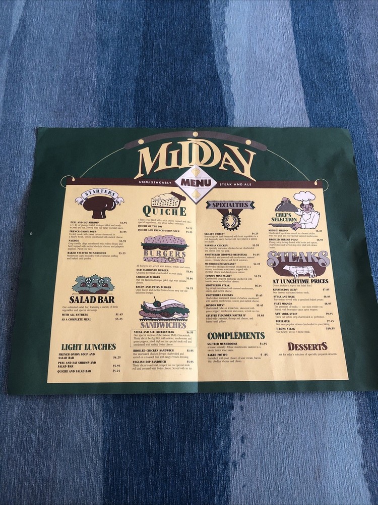 Steak & Ale Vintage Menu Midday Large Menu 1982