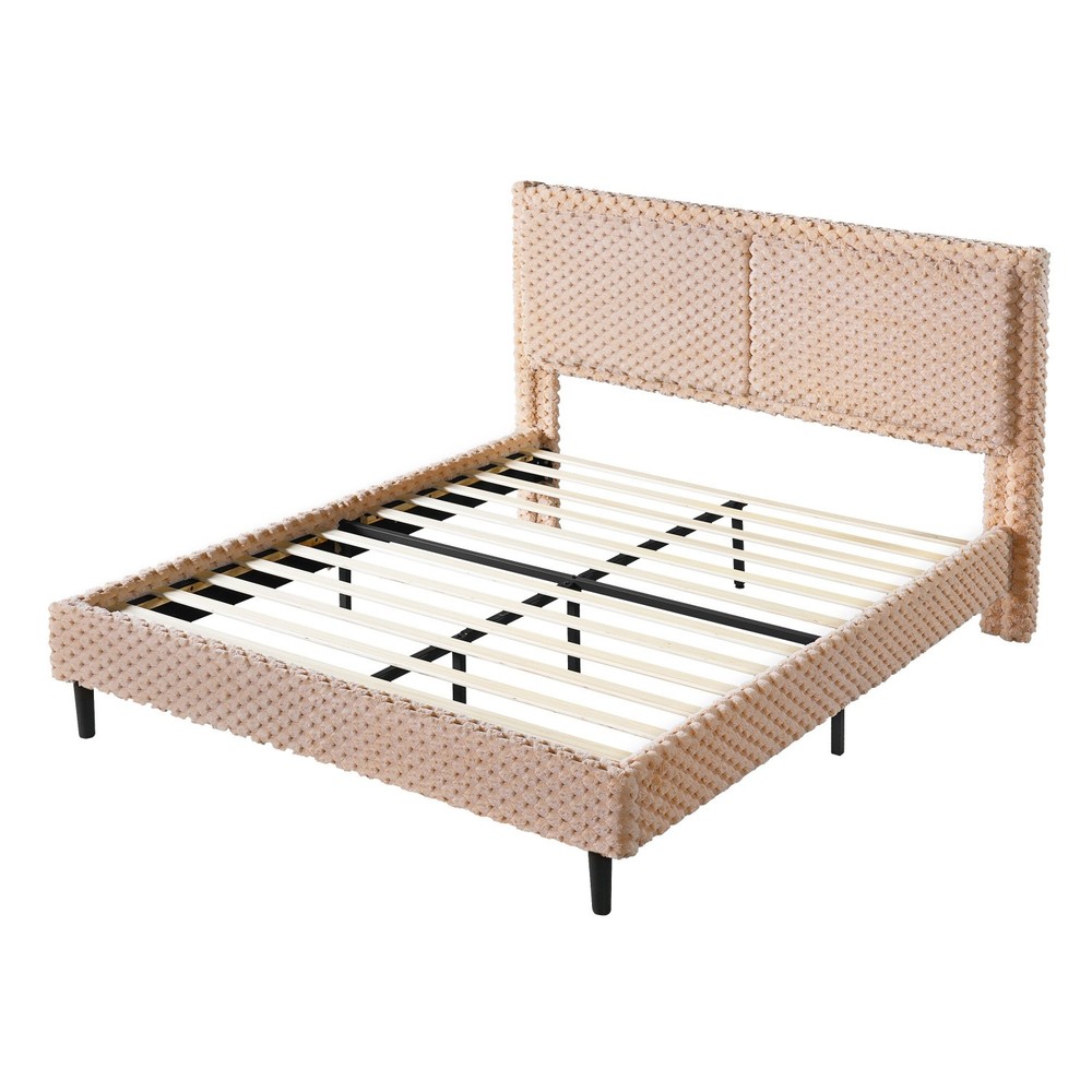 Queen/King Size Modern Upholstered Platform Bed Frame w/ Camel Plush Headboard