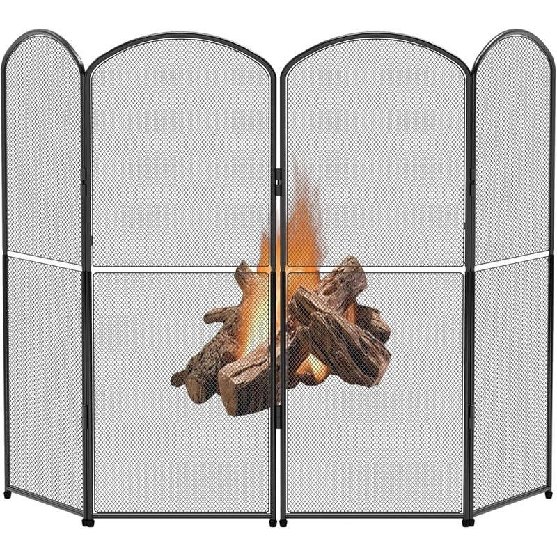 4 Panel Fireplace Screen Foldable Protective Metal Mesh Spark Guard Stand New