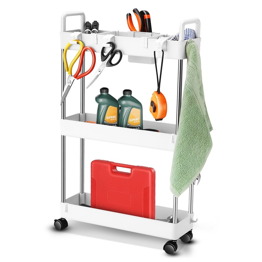 3 Tier Slim Rolling Cart with Handle, Multifunction Utility Storage Rolling C...