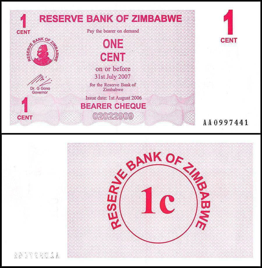 Zimbabwe 1 Cent Bearer Cheque AA+ UNC World Lowest Value Note P-33