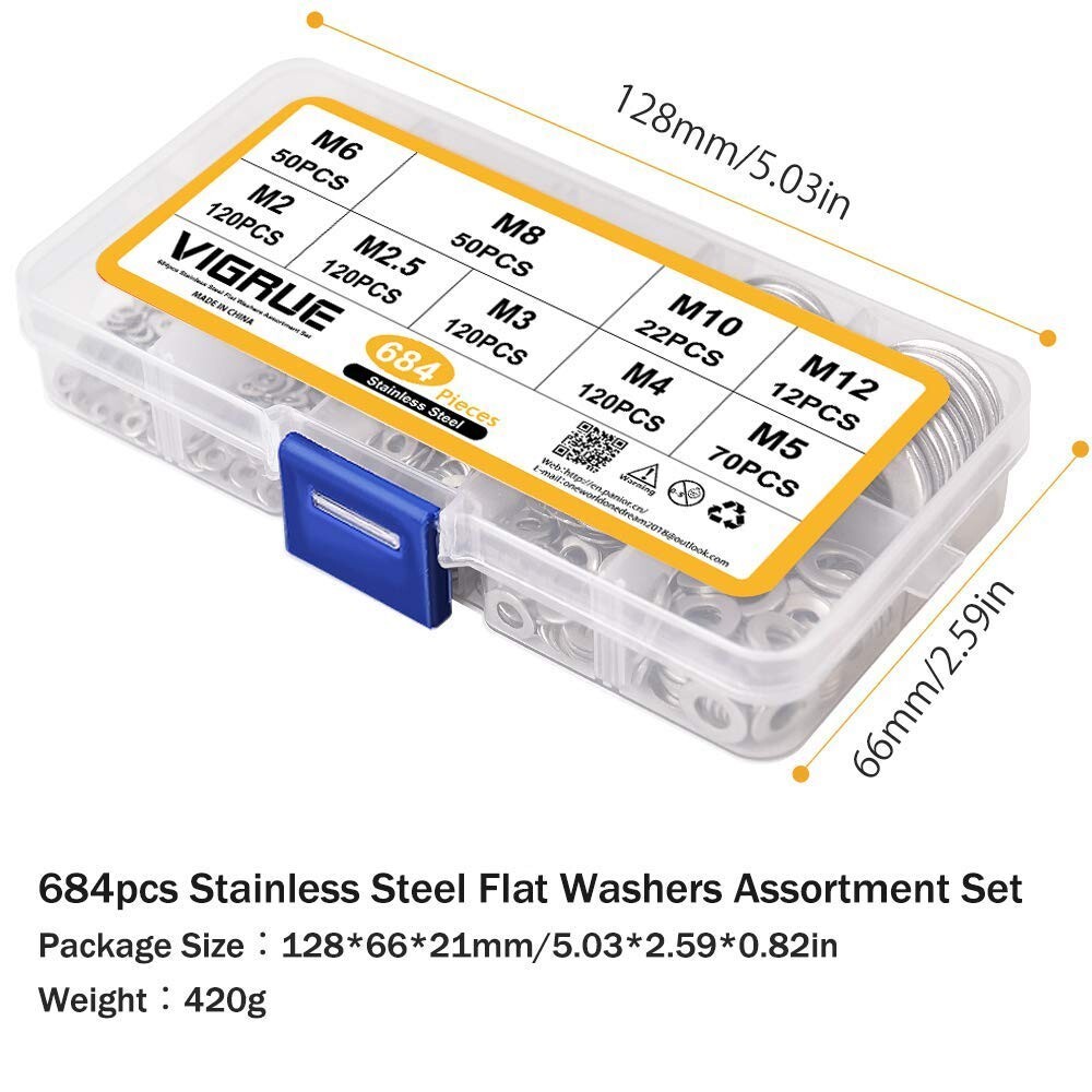 Assorted Flat Washer Hardware Set - 684pcs, 9 Sizes M2-M12, Rust Resistant