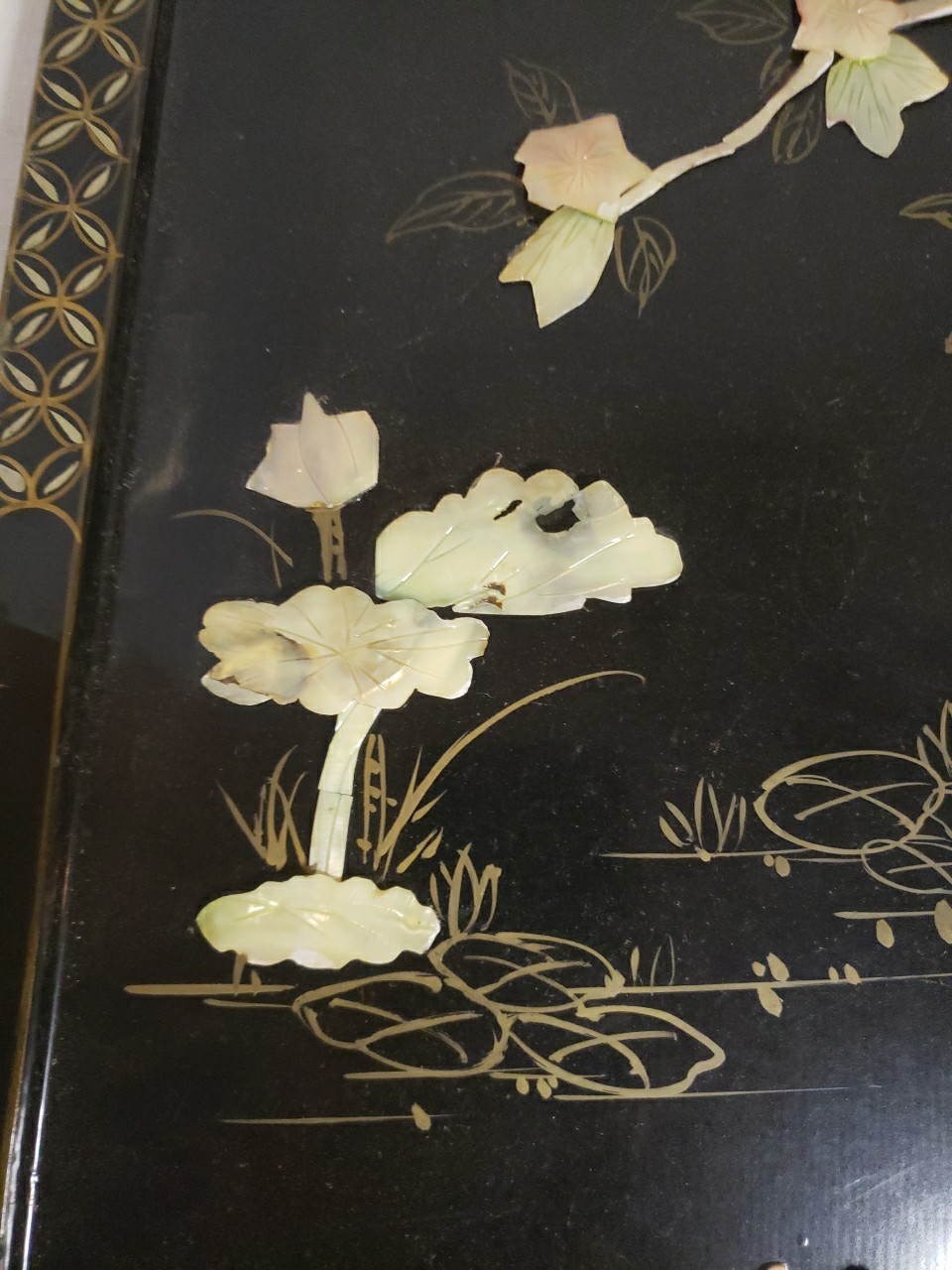 Vintage MCM 4-Panel Mother of Pearl/Black Lacquer Asian Art Wall Panels 36"x12"