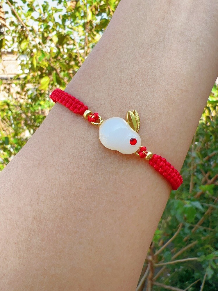 Red String Protection Bracelet, White Jade Rabbit Adjustable Bracelet, Gift Idea