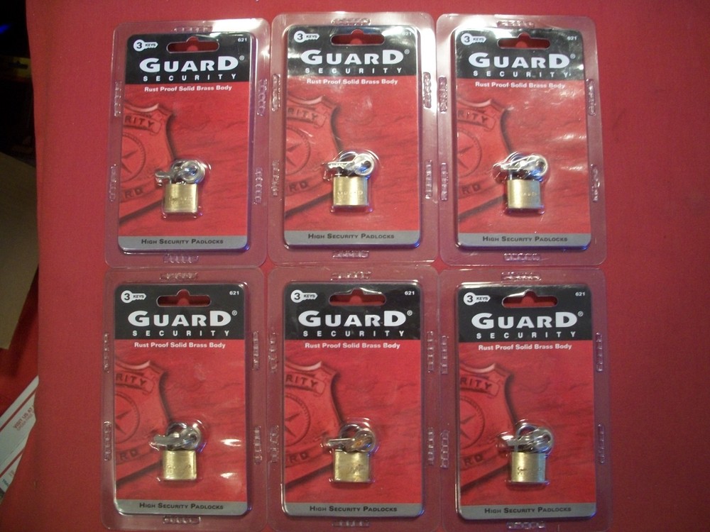 6 Guard Security Rust Proof Solid Brass Padlocks #621, NOS
