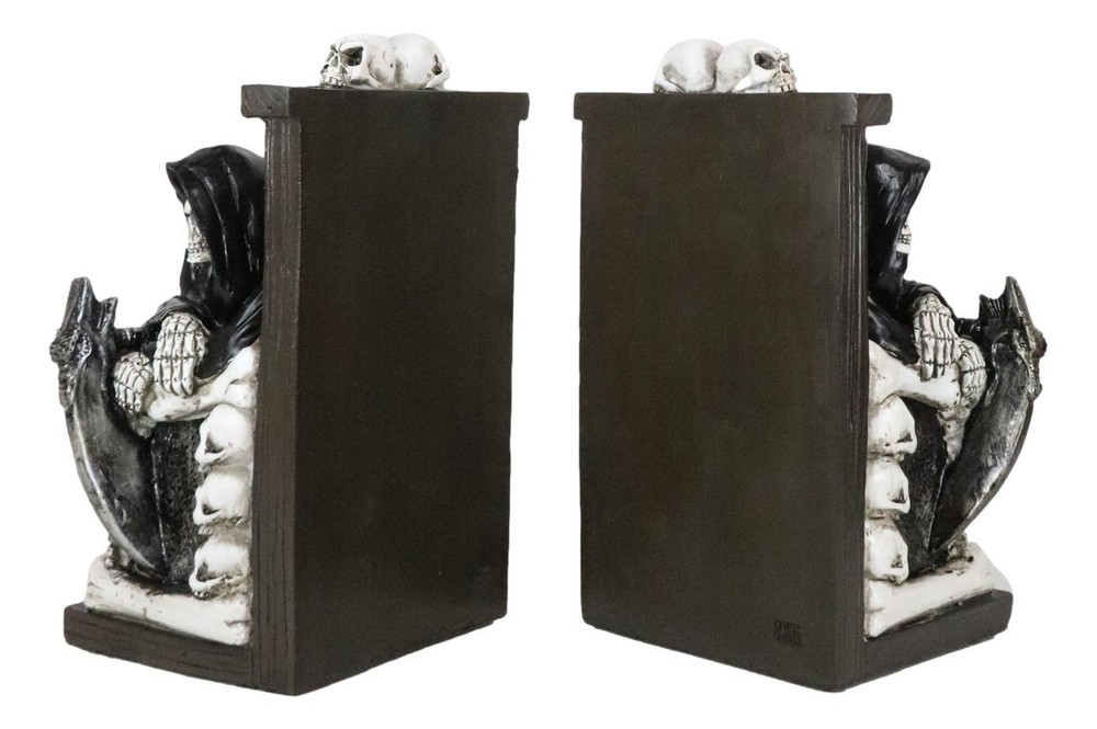 Gothic Grim Reaper Sitting On Skulls And Skeleton Bones Thrones Bookends Statue