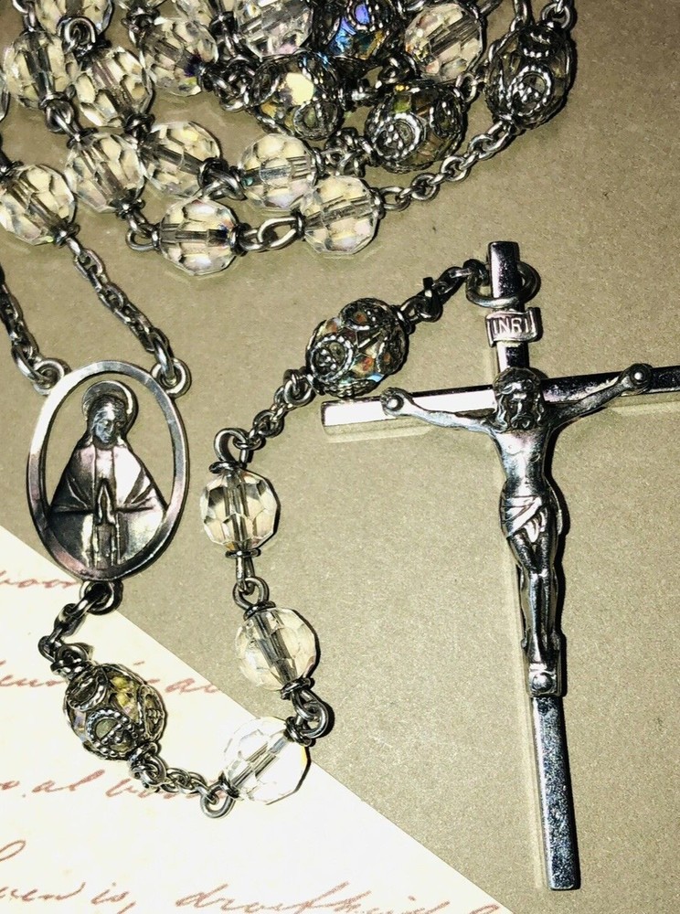 Sterling cAP Rosary, Clear Multifaceted Glass Beads, 8mm, 23", 51.5 grams 