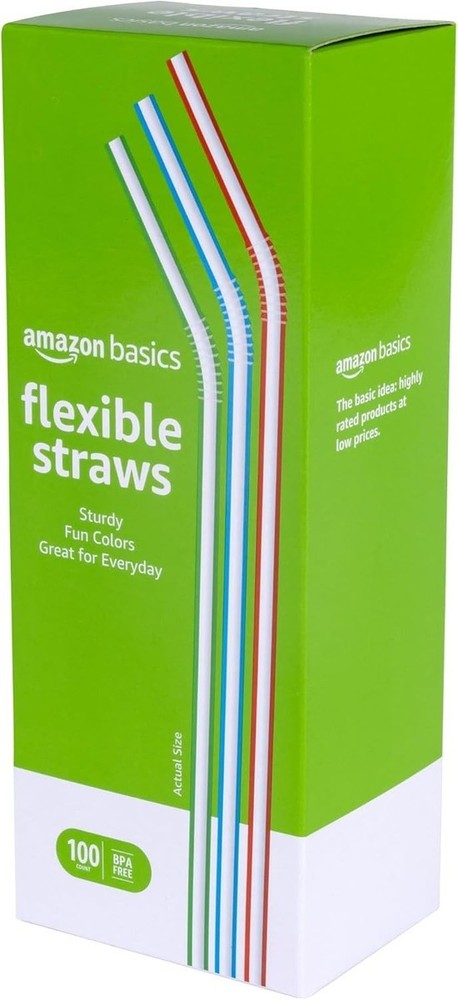 Amazon Basics Disposable Striped Plastic Flex Straws, 7.5" Long, Assorted Colors
