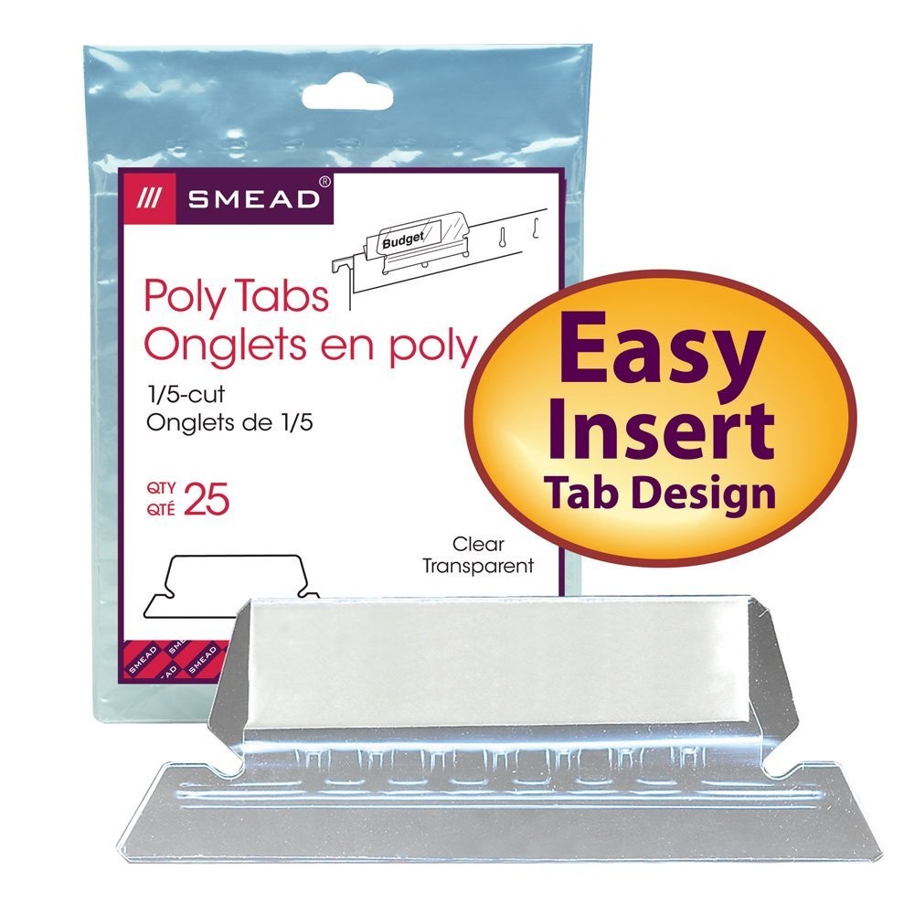 Poly 1/5-Cut Hanging Folder Tabs Clear Plastic for Easy Viewing 25-Pack