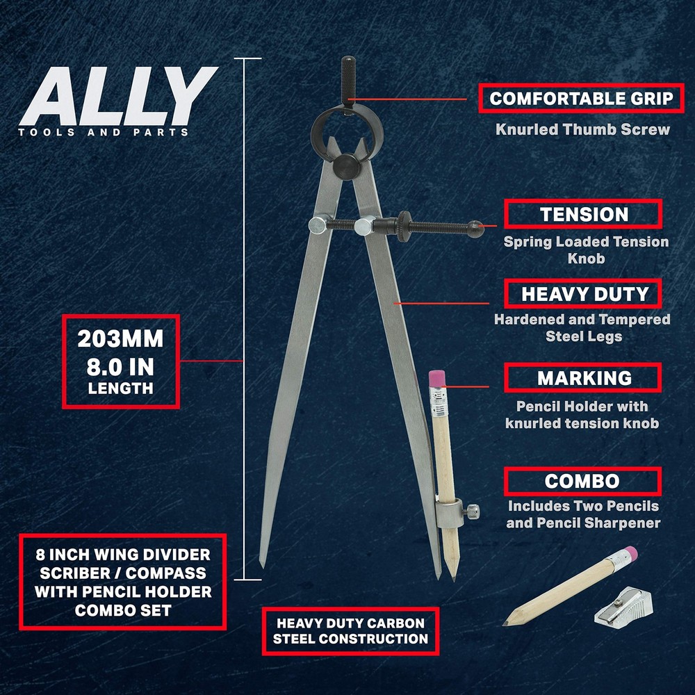 ALLY Tools 8 Inch Precision Locking Spring Divider/Woodworking Compass with P...