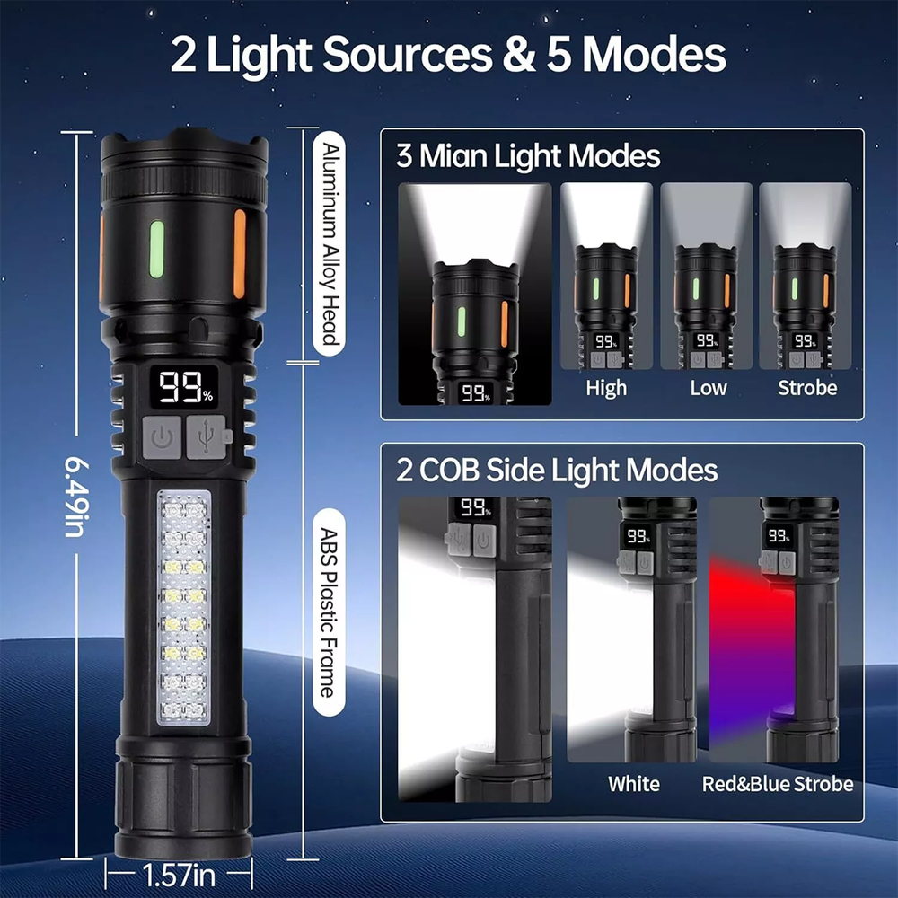 99000000 Lumens Super Bright LED Tactical Flashlight 2 x Rechargeable Work Light