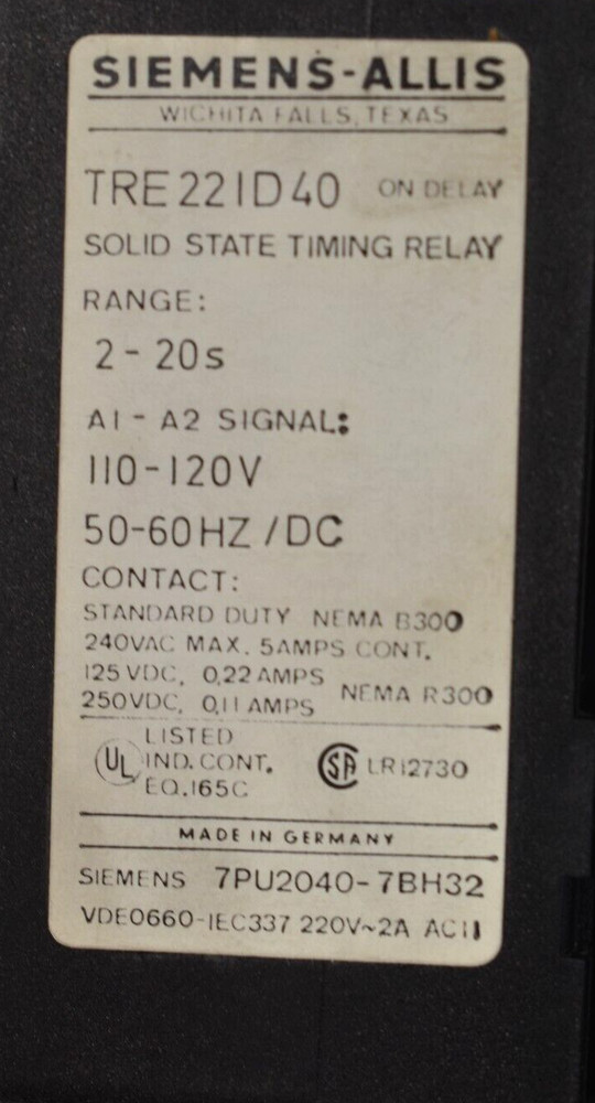 Siemens TRE221D40 Solid State Timing Relay 2-20 Sec, 110/120V