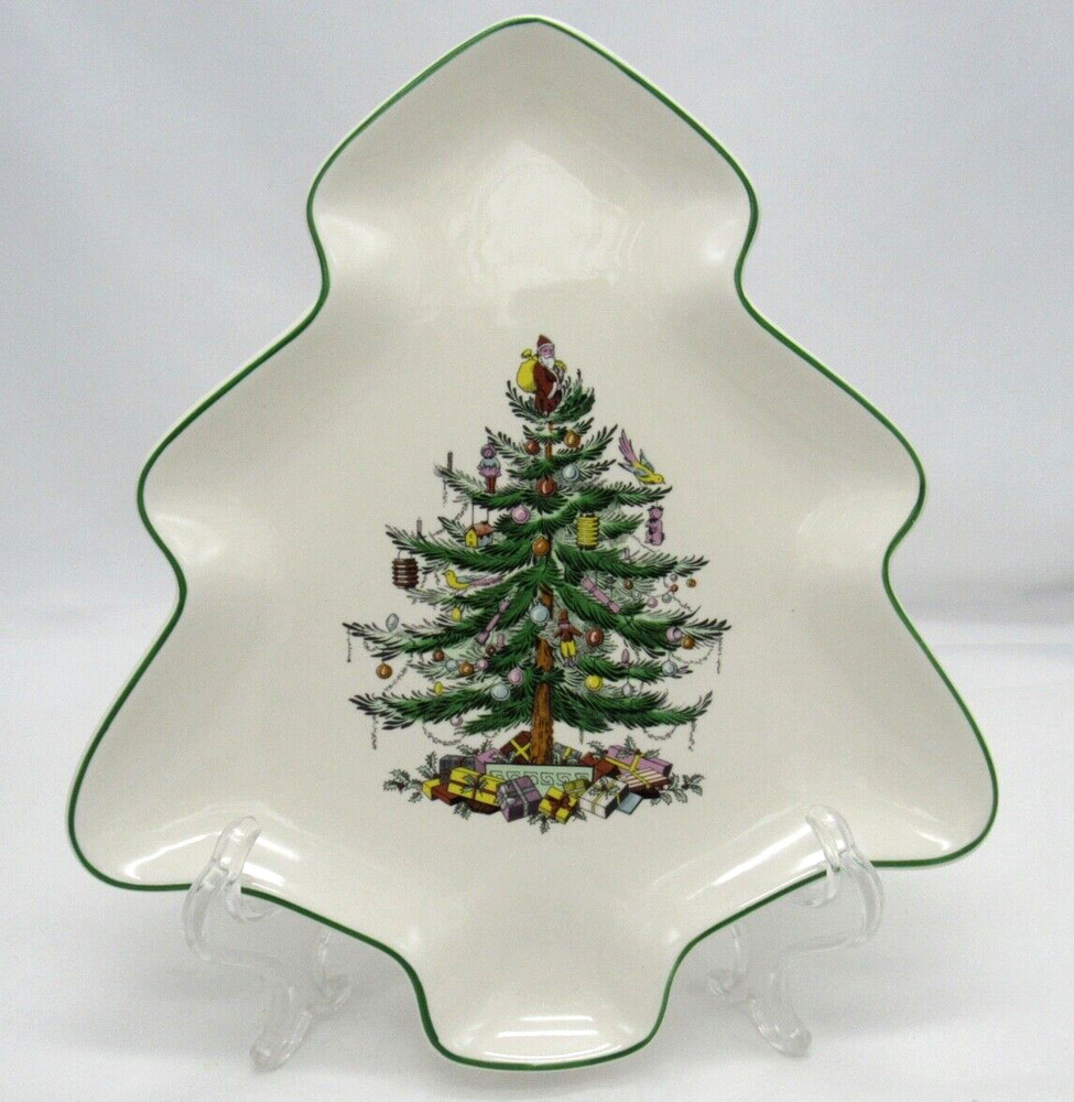 Spode Christmas Tree Shaped Candy Nut Dish Plate Green Trim 9"
