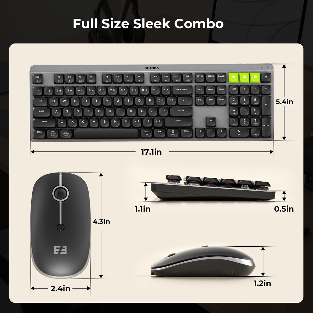 Wireless Bluetooth Mechanical Keyboard, Full-Size, Connects Up to 3 Devices