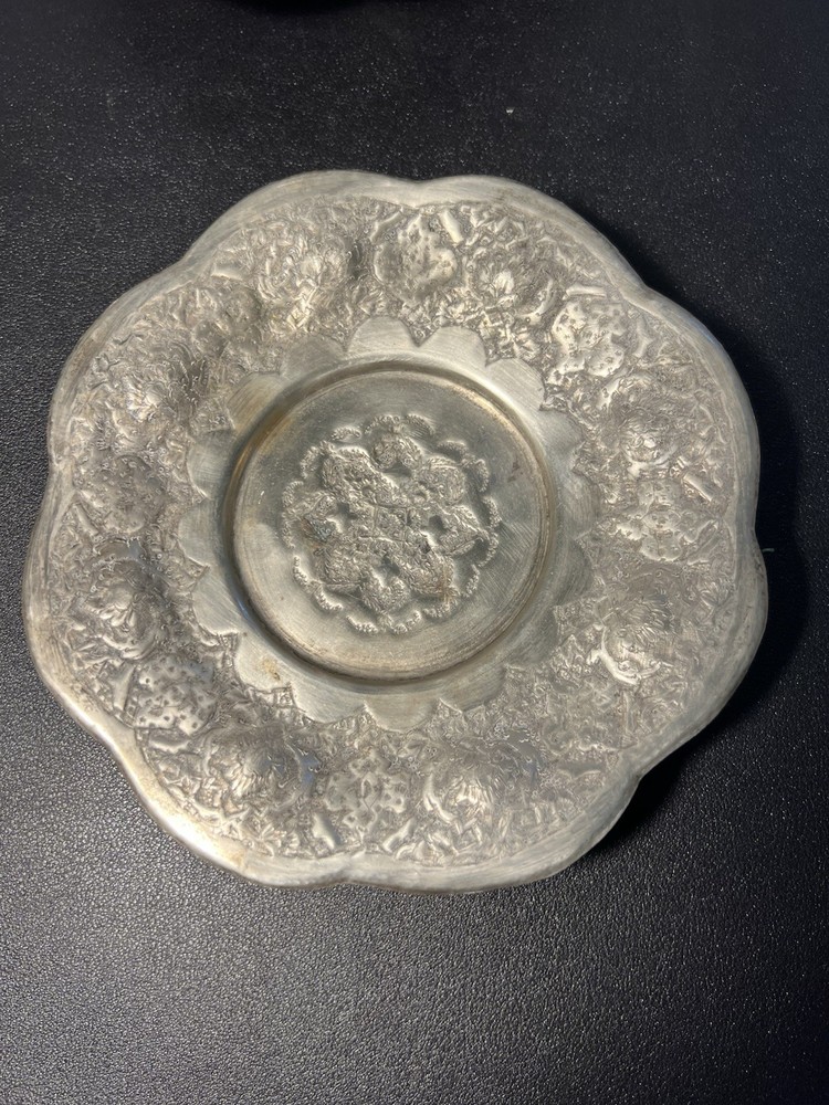 Middle Eastern Vintage 1940s Set Of 2 Silverplated Footed Repousse Plates, 6.5”