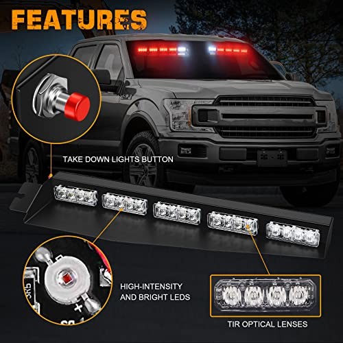34 inch Visor Emergency Light Bar Interior Windshield Strobe Lights 40 LED Red