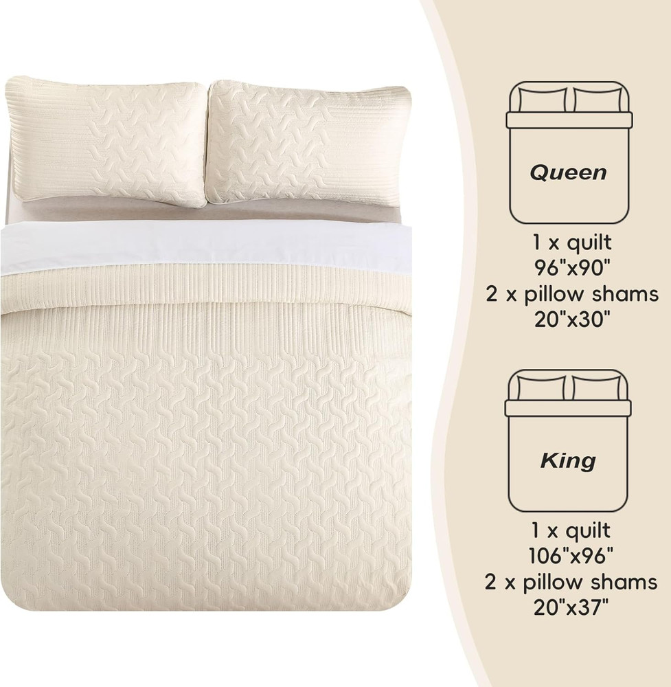 Beige Quilt Set King Size Lightweight Bedspread Ultrasonic Wave Pattern Soft Mic