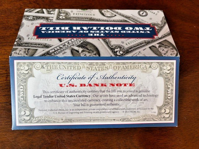 Halloween $2 bill with certificate of authenticity