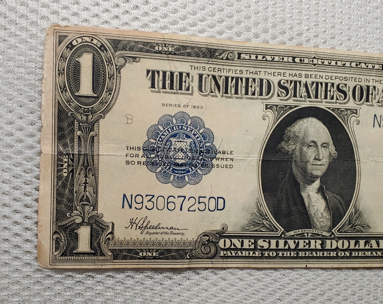 1923 $1 Silver Certificate Horse Blanket Blue Seal Large Size Note Border Damage