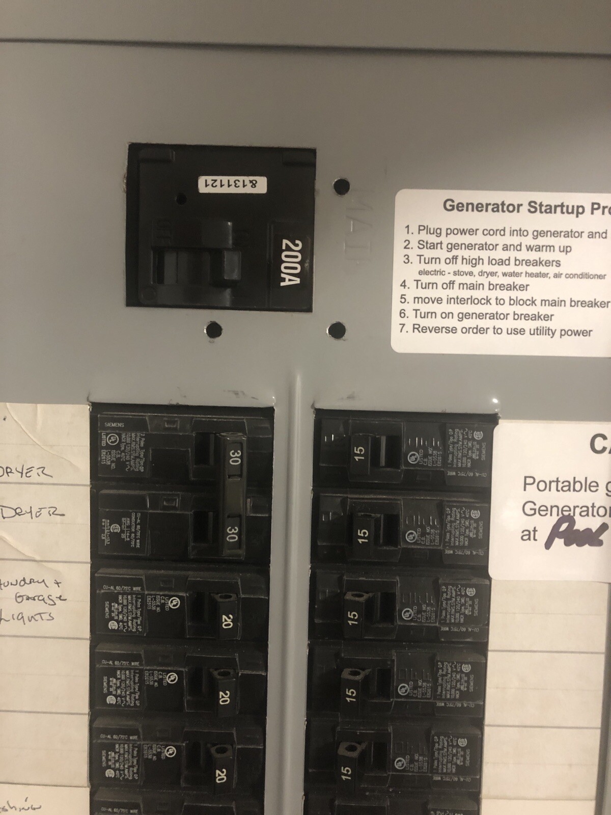 Generator Interlock Kit , Siemens 200 Amp Panel Murray 200 Amp Panel