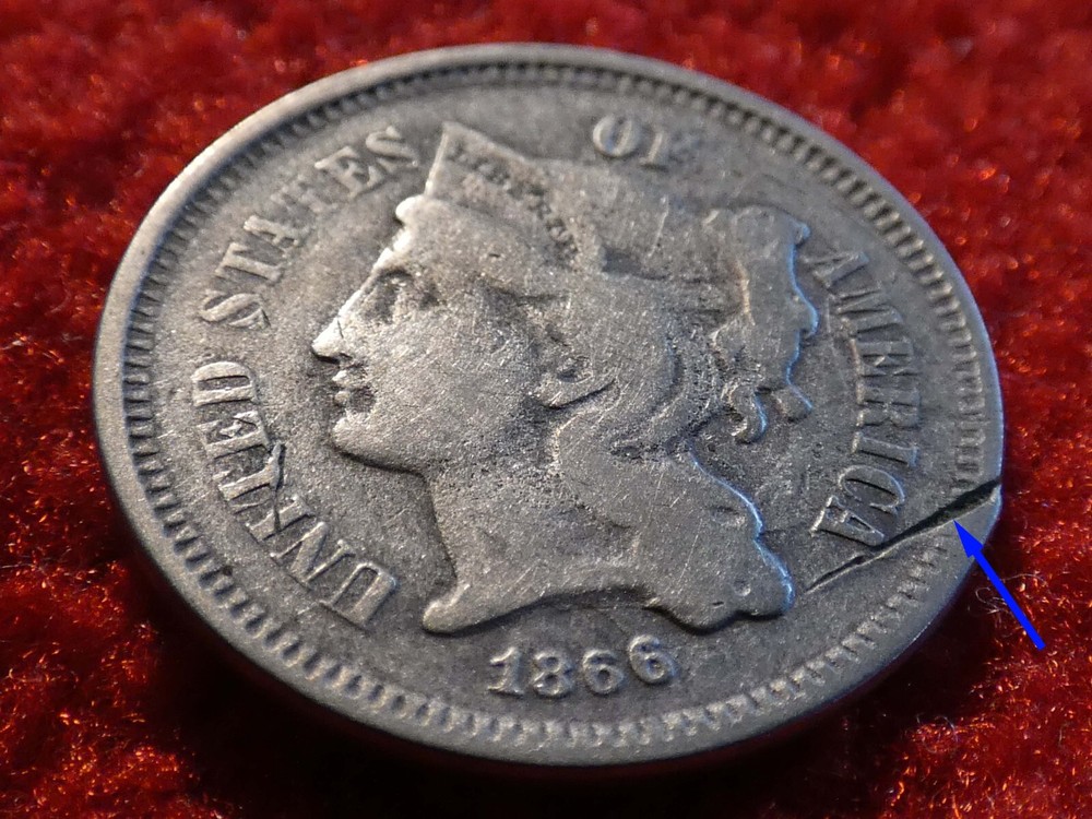1866 Three Cent Nickel Detached Lamination Error! #3427